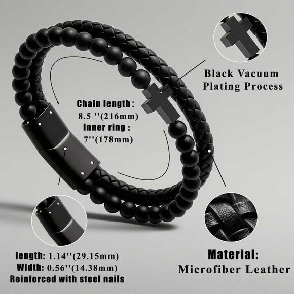 Men's Double-Row Black Braided Leather Bracelet with Stainless Steel Cross 8.5in - Picture 3 of 7